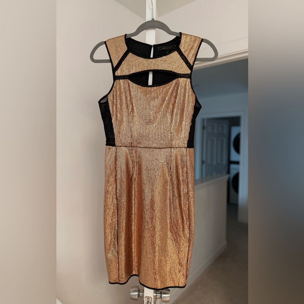 BCBGMaxAzria Gold and Black Backless Dress